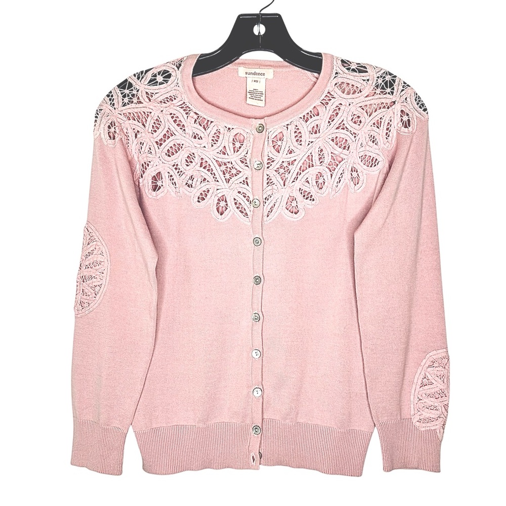 Sundance Pink Cotton Crochet Lace Inset Button Up Cardigan